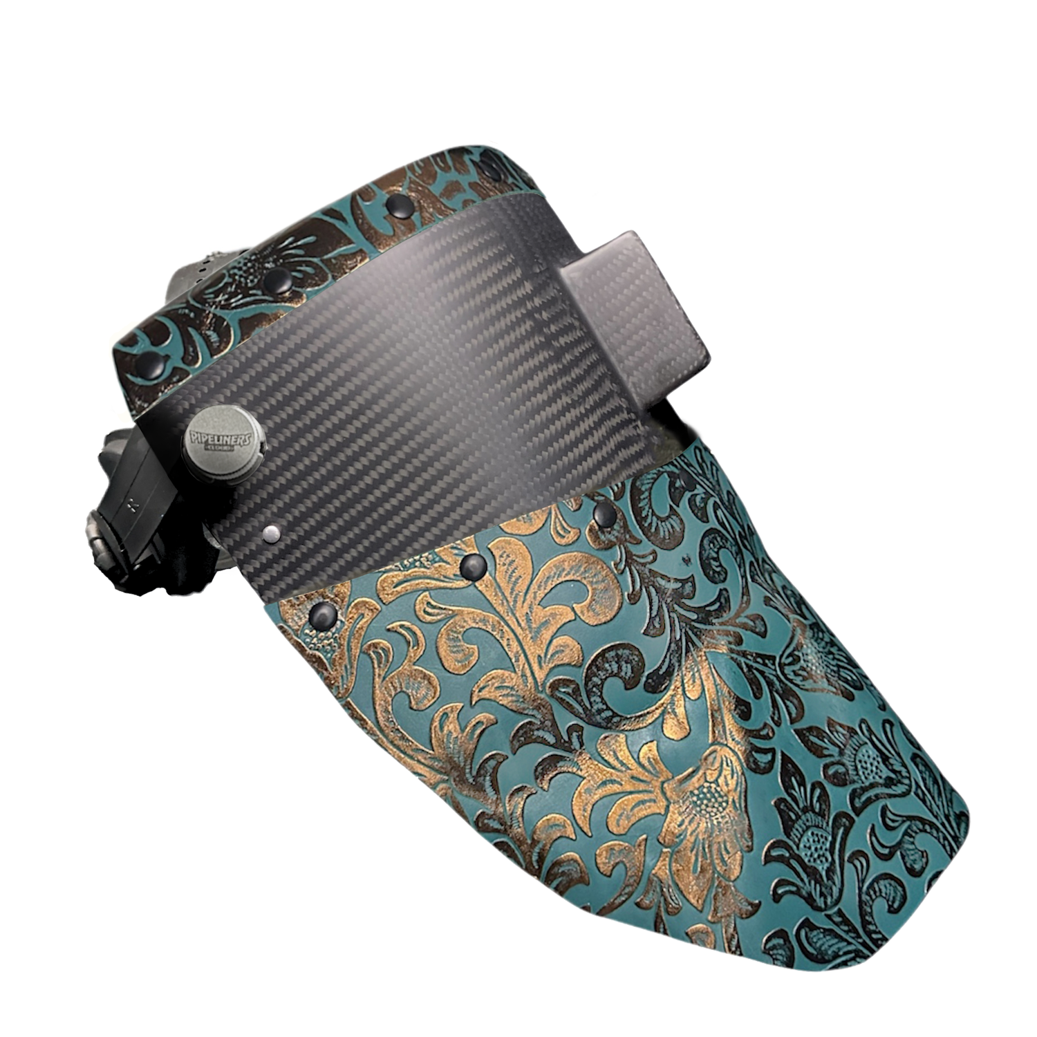 Carbon Fiber Leather Welding Hood Chopped Top and Bottom Teal Wrangler