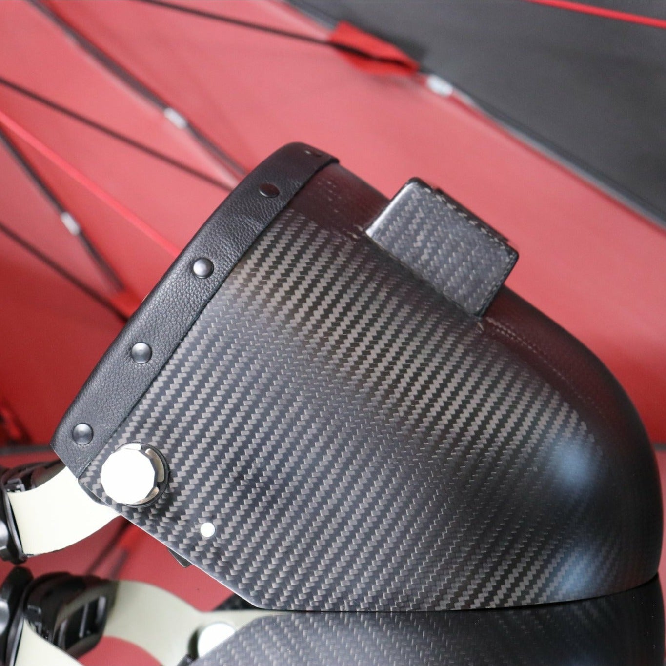 Black Leather Carbon Fiber Welding Hood Side View