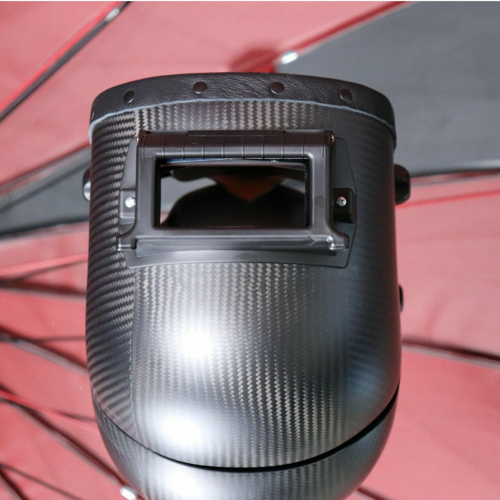Black Leather Carbon Fiber Welding Hood with Flip Up Lens Box