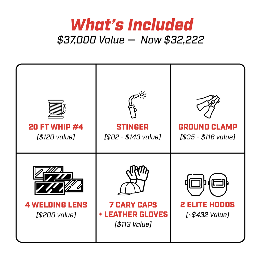 20 FT WHIP #4
[$120 value]

STINGER
[$82 – $143 value]

GROUND CLAMP
[$35 – $116 value]

4 WELDING LENS
[$200 value]

7 CARY CAPS + LEATHER GLOVES
[$113 Value]

2 ELITE HOODS
[~$432 Value]