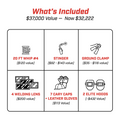 20 FT WHIP #4
[$120 value]

STINGER
[$82 – $143 value]

GROUND CLAMP
[$35 – $116 value]

4 WELDING LENS
[$200 value]

7 CARY CAPS + LEATHER GLOVES
[$113 Value]

2 ELITE HOODS
[~$432 Value]