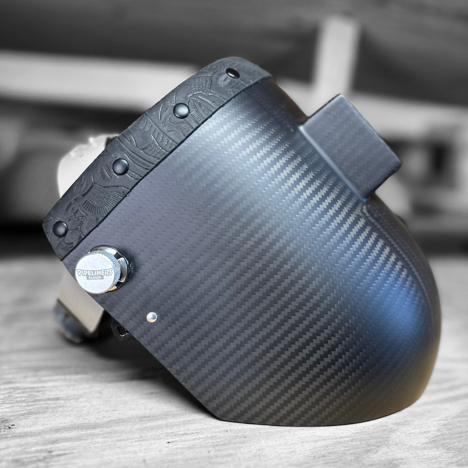 Black Floral Leather Carbon Fiber Welding Hood Side View