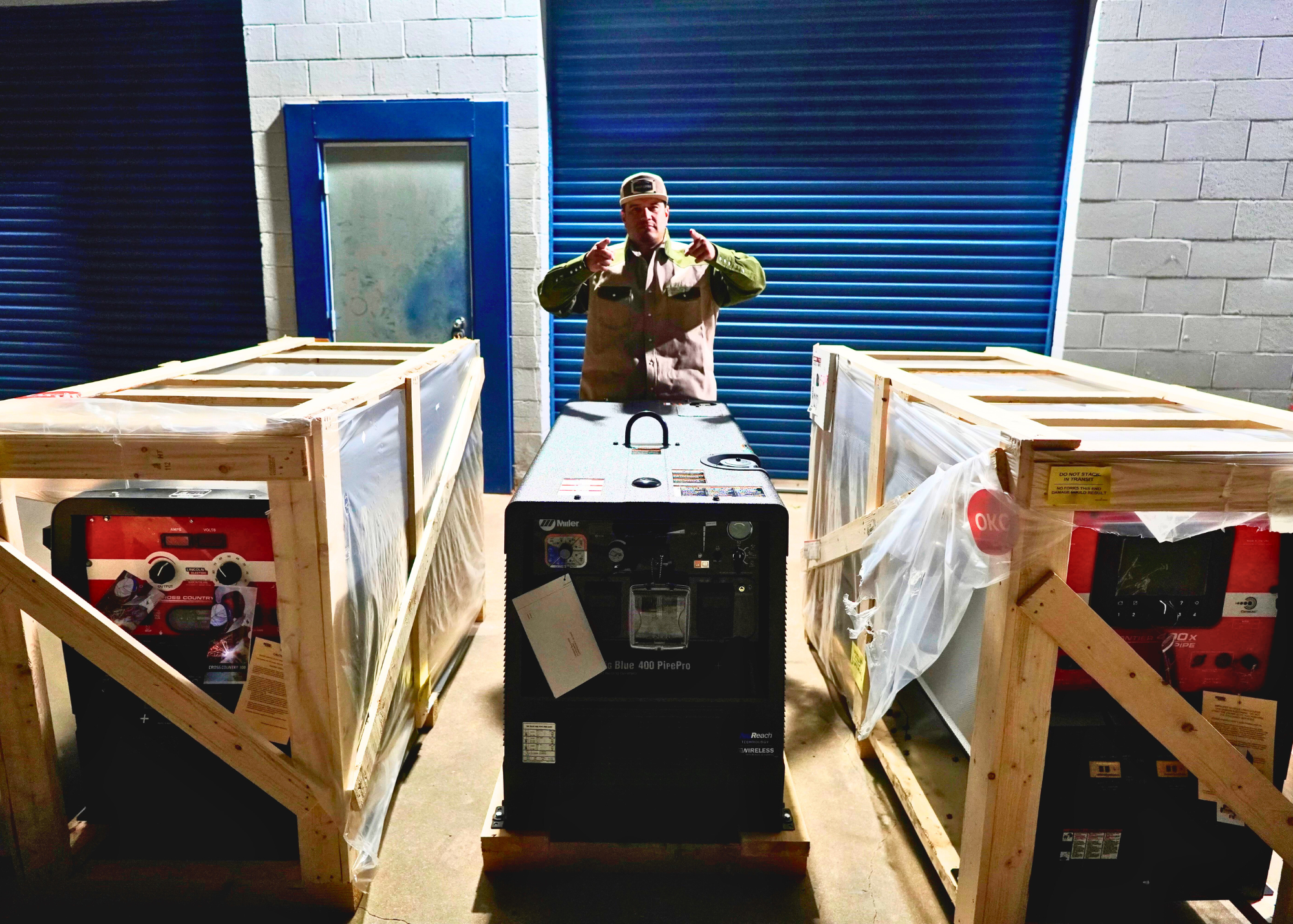 Person standing between two large black generators on wooden pallets with blue storage units in the background.