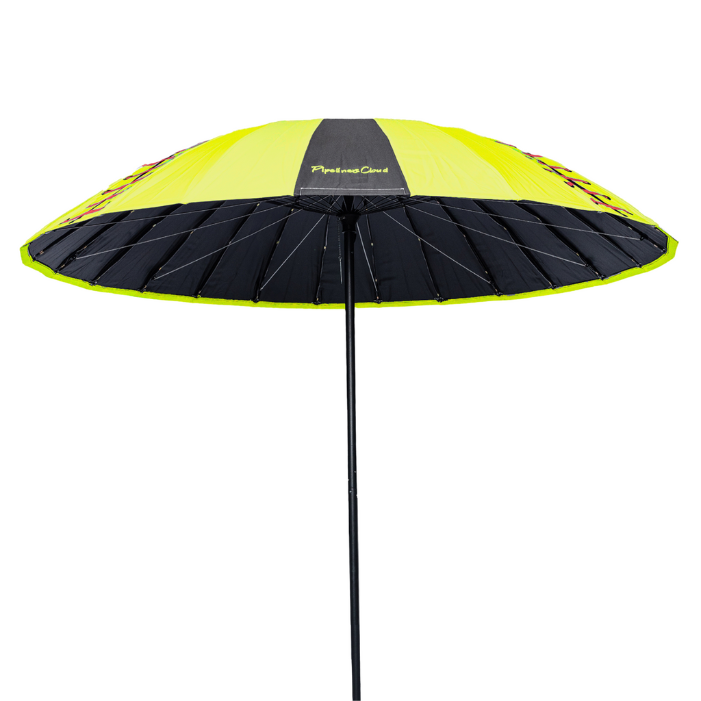 A yellow and black umbrella with the Pipeliners Cloud design, featuring a steel pole and a canopy that is open wide.